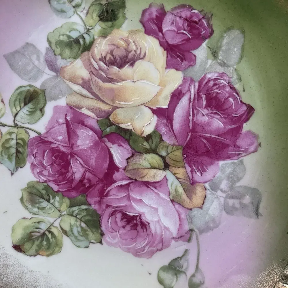 Antique Wheelock & Co California Rose Plate Pink Yellow Floral Germany Gold Edge